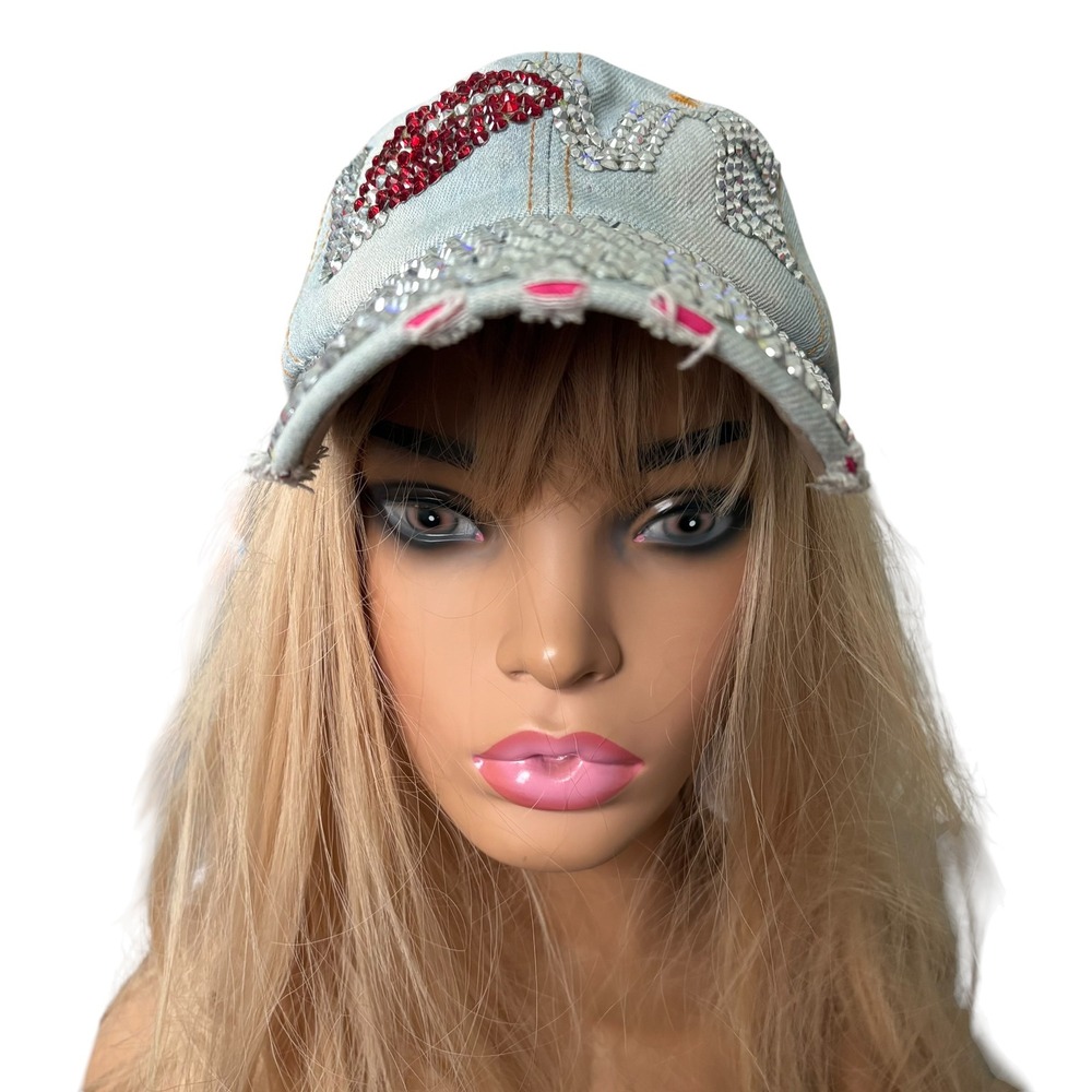 Y2K LOVE Rhinestone Lip Denim Baseball Cap Light Wash Distressed Hat McBling - Picture 2 of 10